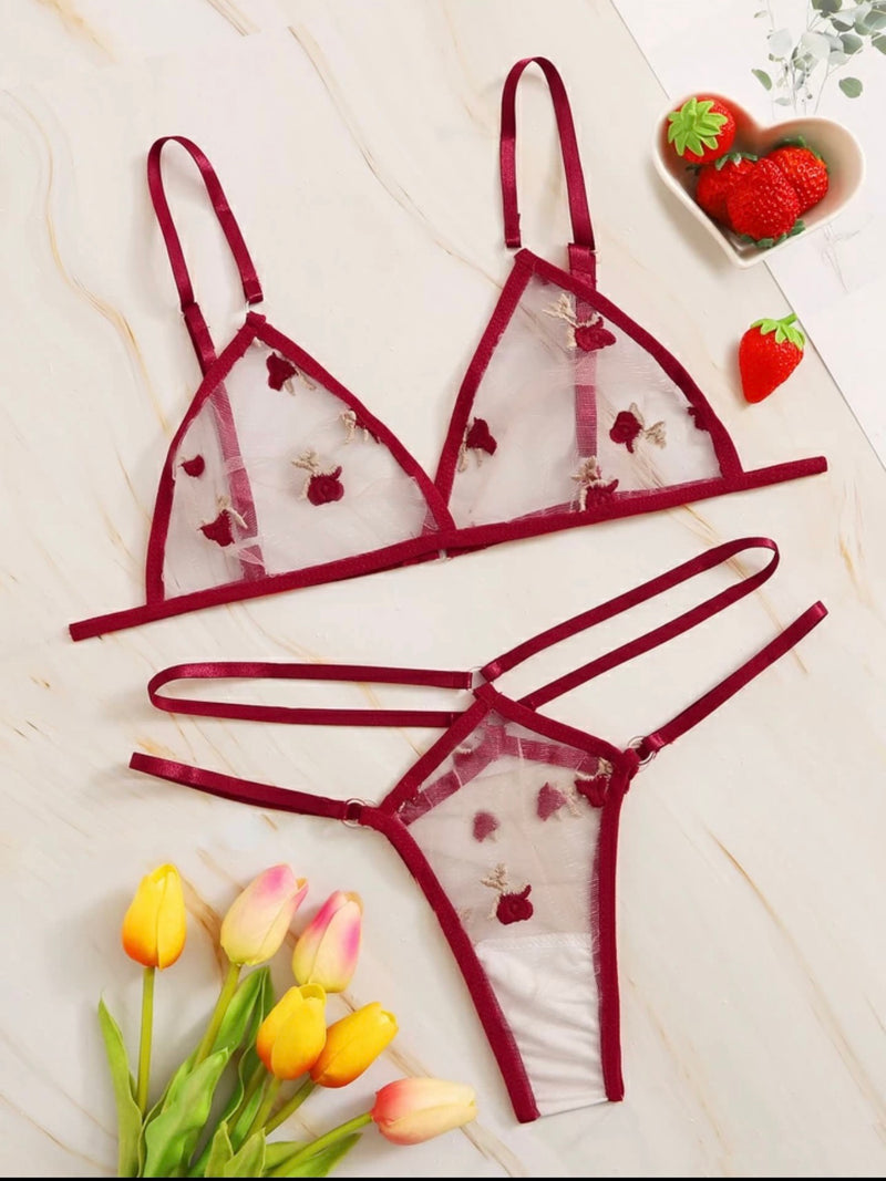 Burgundy Sheer Cut Out Two Piece Lingerie Set