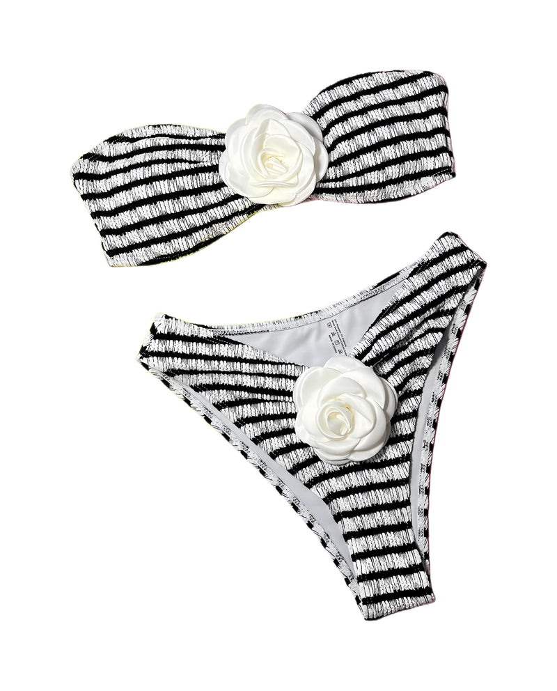 striped Flower Bandeau Bikini Set