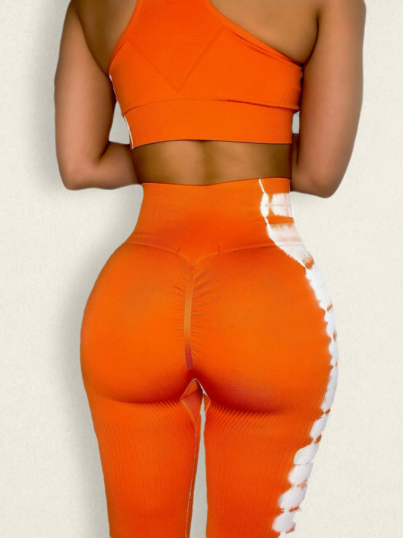 Red Orange Tie Dye Women Leggings Side Pockets, Printed Yoga Pants Gra